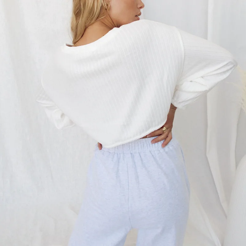 Women's Solid Color Loose and Thin Simple Sweatshirt Spring New Fashion All-match Short Drawstring Tie Round Neck White Hoodies