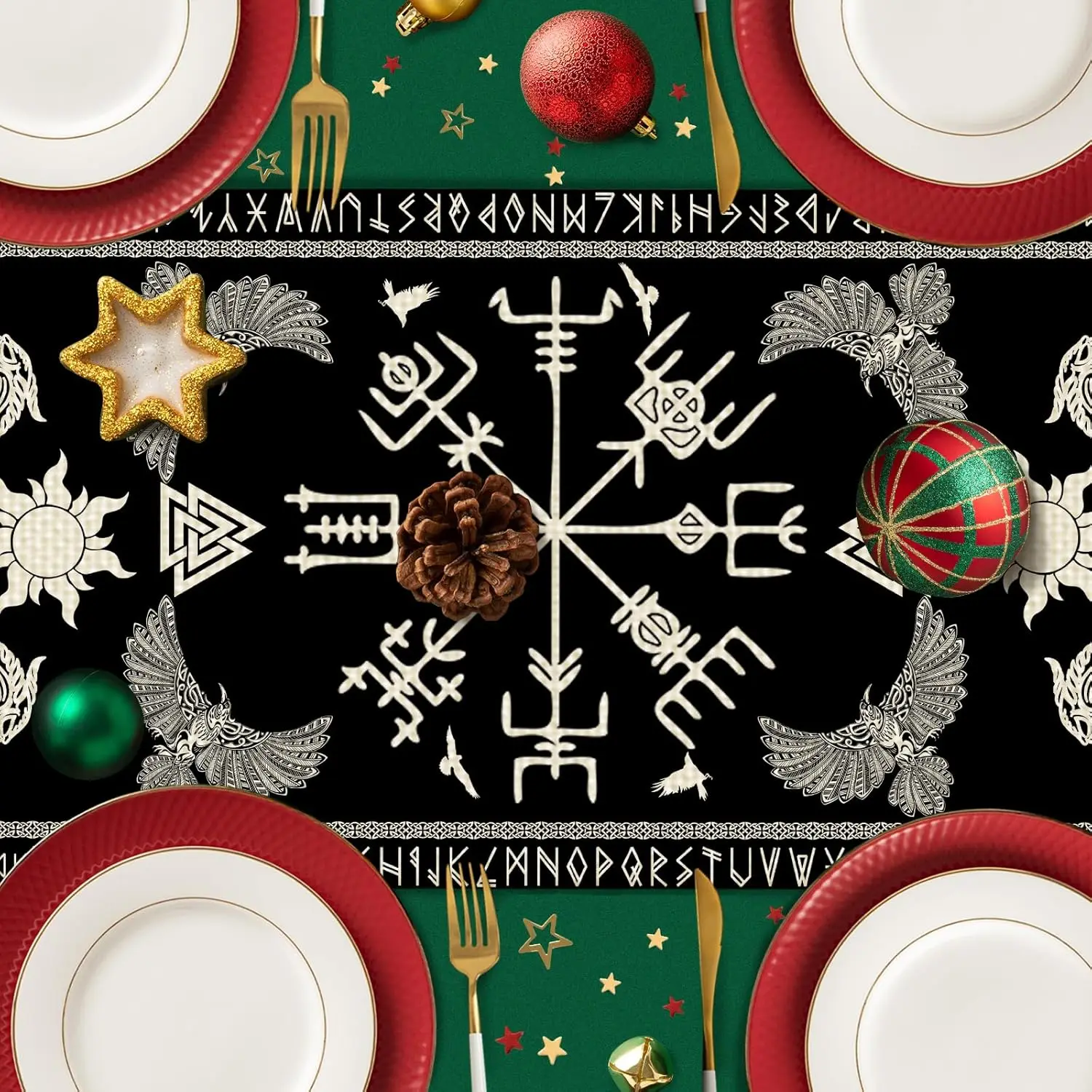 Black Viking Sacred Tree Linen Table Runner Party Decor Celtic Raven Helmet of Awe Kitchen Dining Table Runner Home Table Decor 5