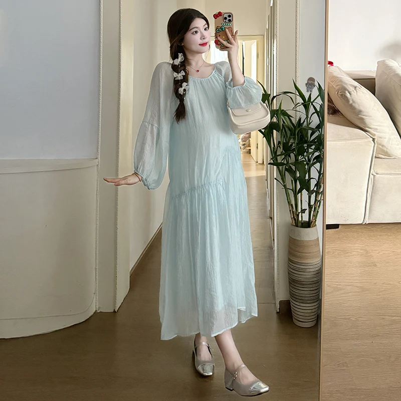 

2024 Spring and Summer Maternity Clothes Sun Protection Long Sleeved Pregnant Woman Dress Sweet Pregnancy Chiffon Beach Dresses