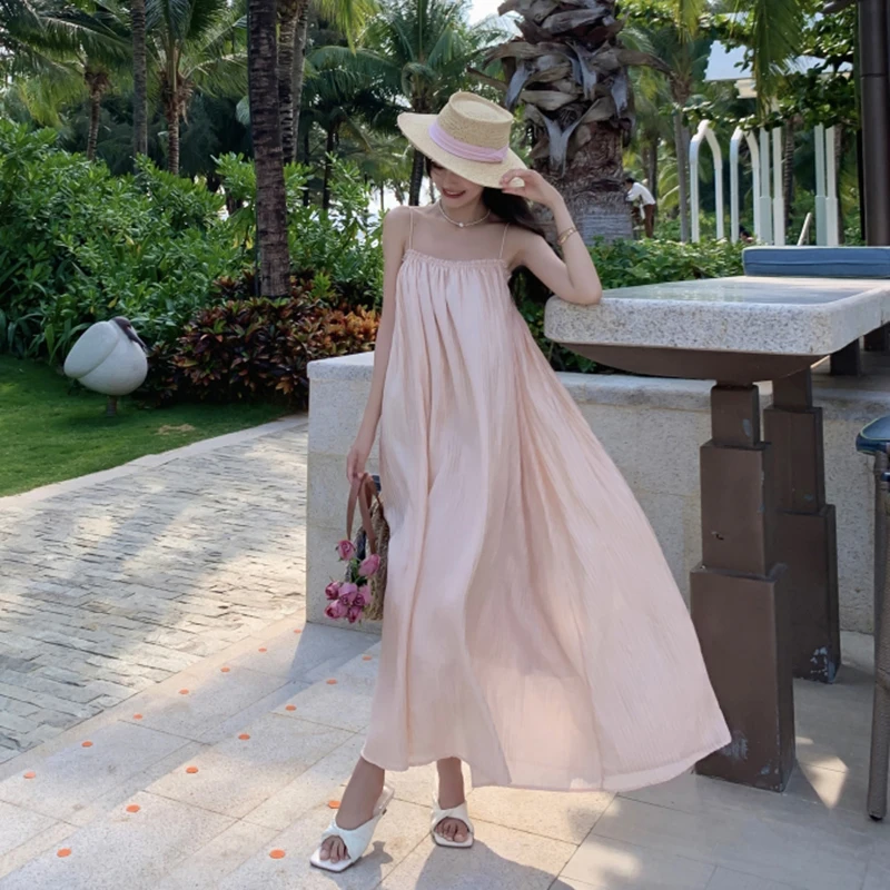 

Backless Summer Women's Beach Robe Dresses Korean Ladies Elegant Strappy Clothing Solid Pink Loose Midi Fashion Dress 2023 New