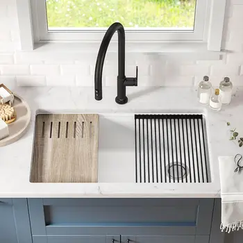 Workstation 32-inch Undermount Granite Composite Single Bowl Kitchen Sink in White with Accessories, KGUW1-33WH 2