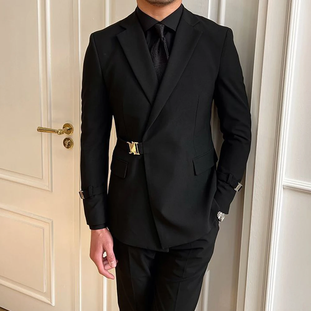 British Style Black Suit Jacket Male Elegant Gentleman Business Casual Professional Formal Dress Body Belt A Double Breasted 2