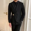 British Style Black Suit Jacket Male Elegant Gentleman Business Casual Professional Formal Dress Body Belt A Double Breasted 2