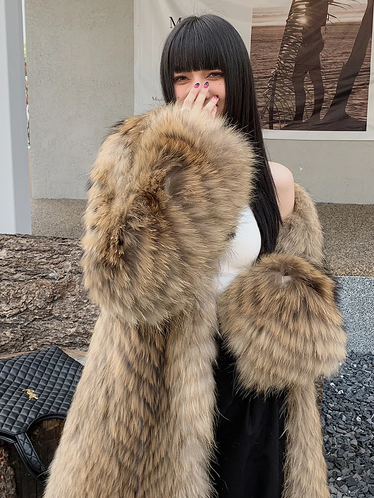 女性用の長い天然のアライグマの毛皮のコート,女性用のふわふわの 