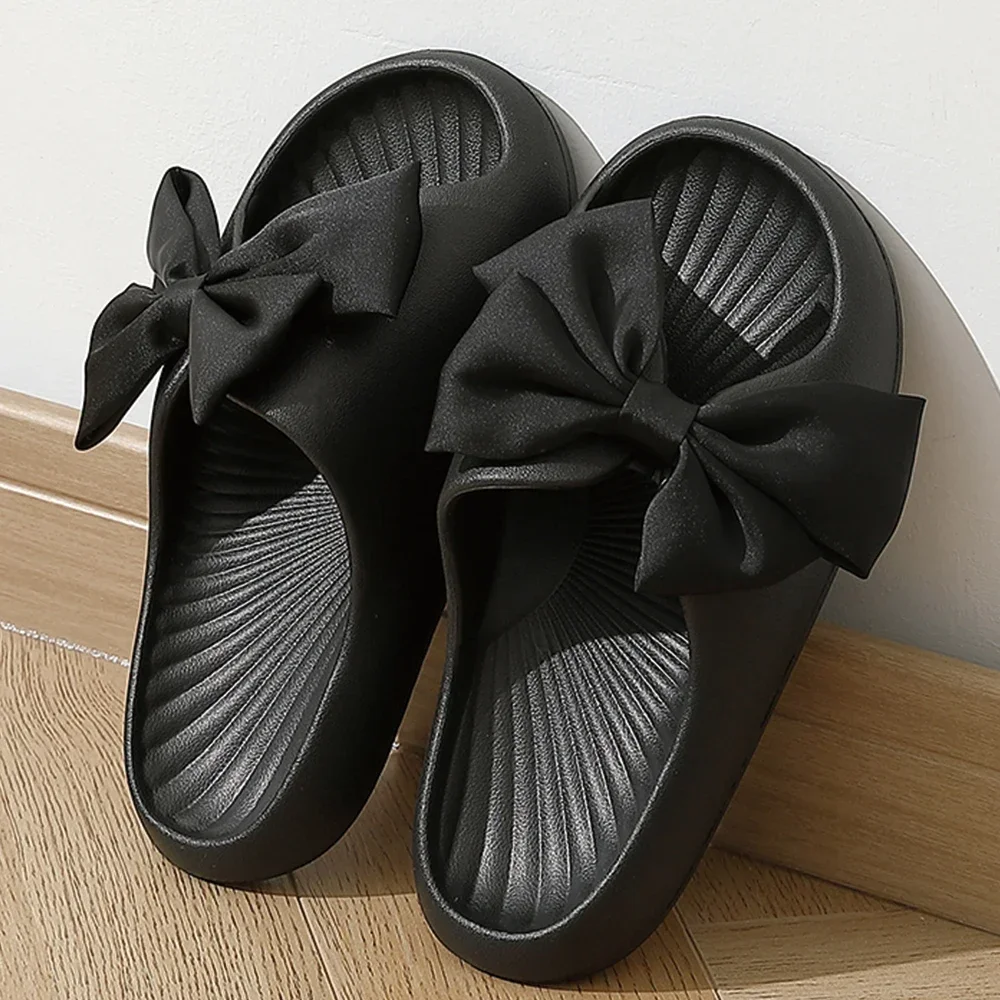 Bow Tie Slippers Women  Summer New Thick Indoor Home Sandals Couples Bathroom Slides Non-slip Soft House Slippers Femme