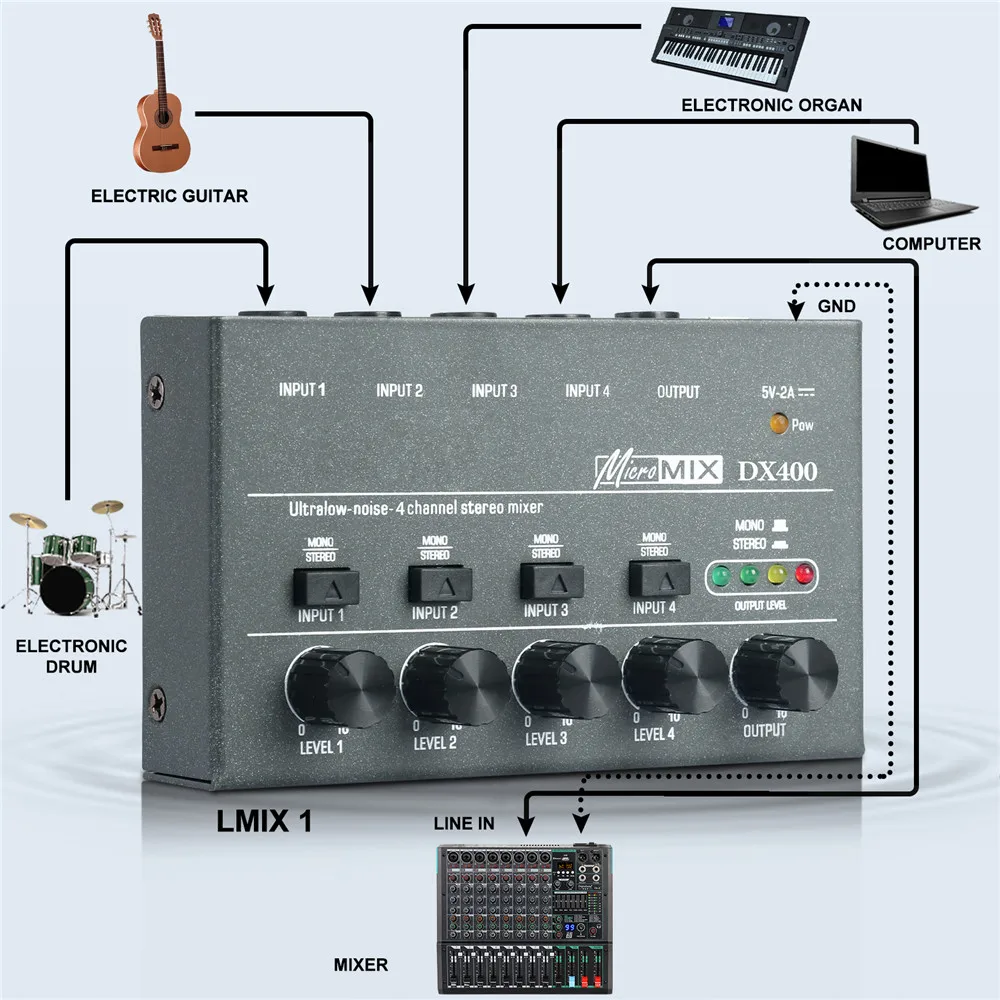 Audio Mixer Upgraded DX400/600/800 Ultra Low Noise 4/6/8 Channel Line Mini Power Supply DC5V Easy Operation