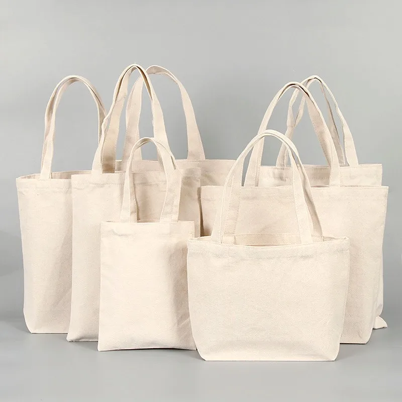 

White Reusable Foldable Shoulder Handbag Eco-Friendly Women Large Canvas Grocery Pocket Storage Tote For Market Shopping Bags