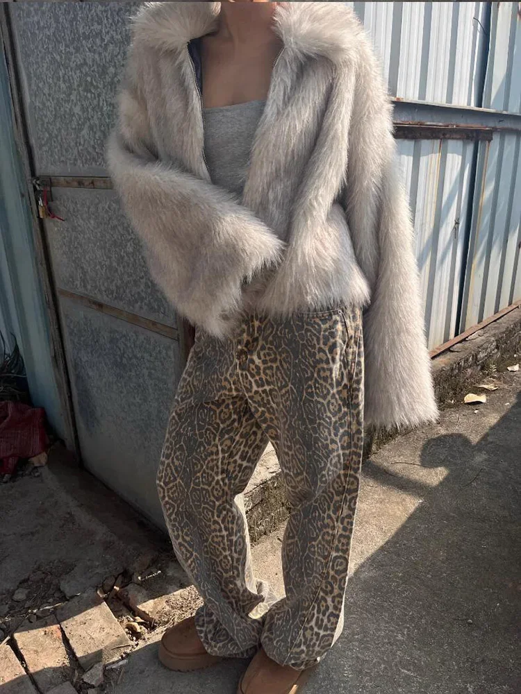 Leopard Print Washed Distressed Wide Leg Pants FemaleFashion Street Slim Women Jeans Casual High Waist New Spring Woman Jeans