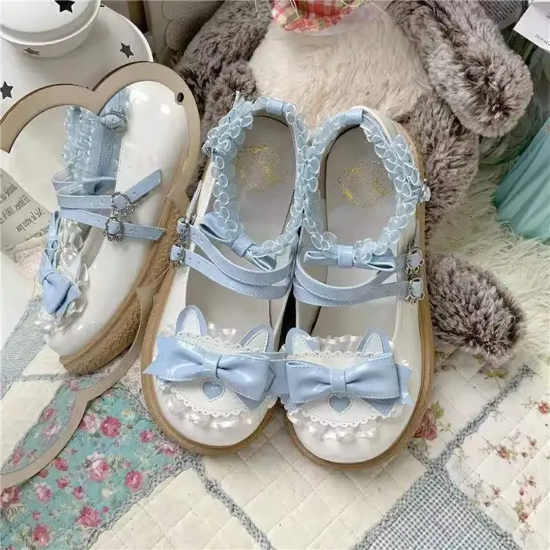 Shoes for Women Round Toe Gothic Blue Mary Jane Cute Kawaii Japanese Style Lolita Woman Flats Spring High Quality Fashion Korean 5