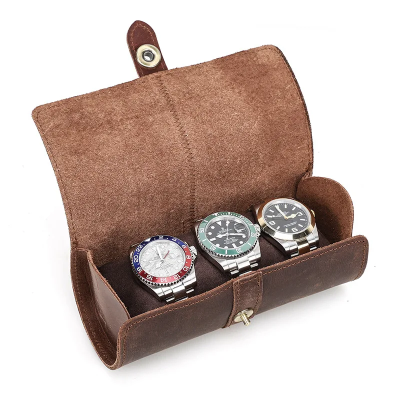 Watch Storage Box Watch Storage Bag Watch Storage Pouch 3-Slot Watch hang Travel Case Portable Vintage cowhide Leather Watch Display Case Storage Box Organizers Men Gift