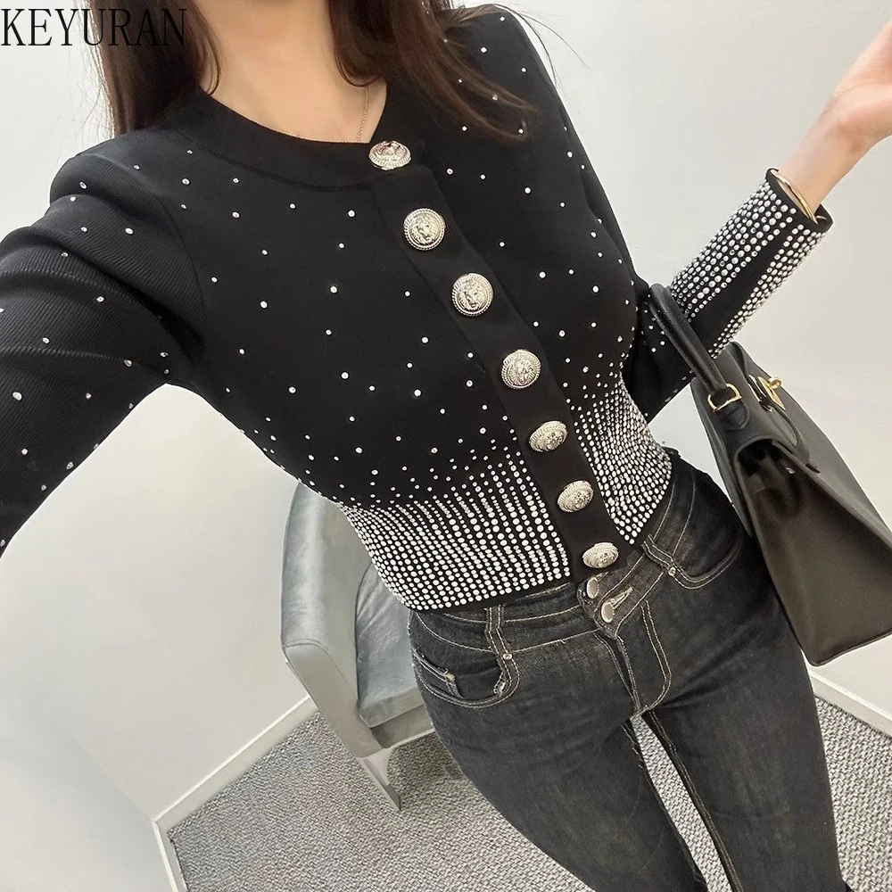 

2024 Spring Autumn Korean Black Diamonds Knitted Cardigan Women Sweater Vintage Chic Long Sleeve Tops Streetwear Knitwear Jumper