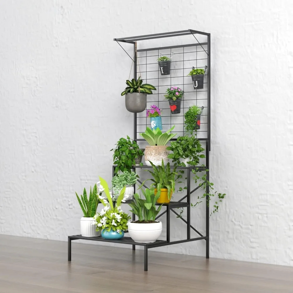3 Tier Large Heavy Duty Plant Stand with Hanging Plant pot shelf, 35.43 x 33.27 x 78.74, Tall multi layer Holder for Home,
