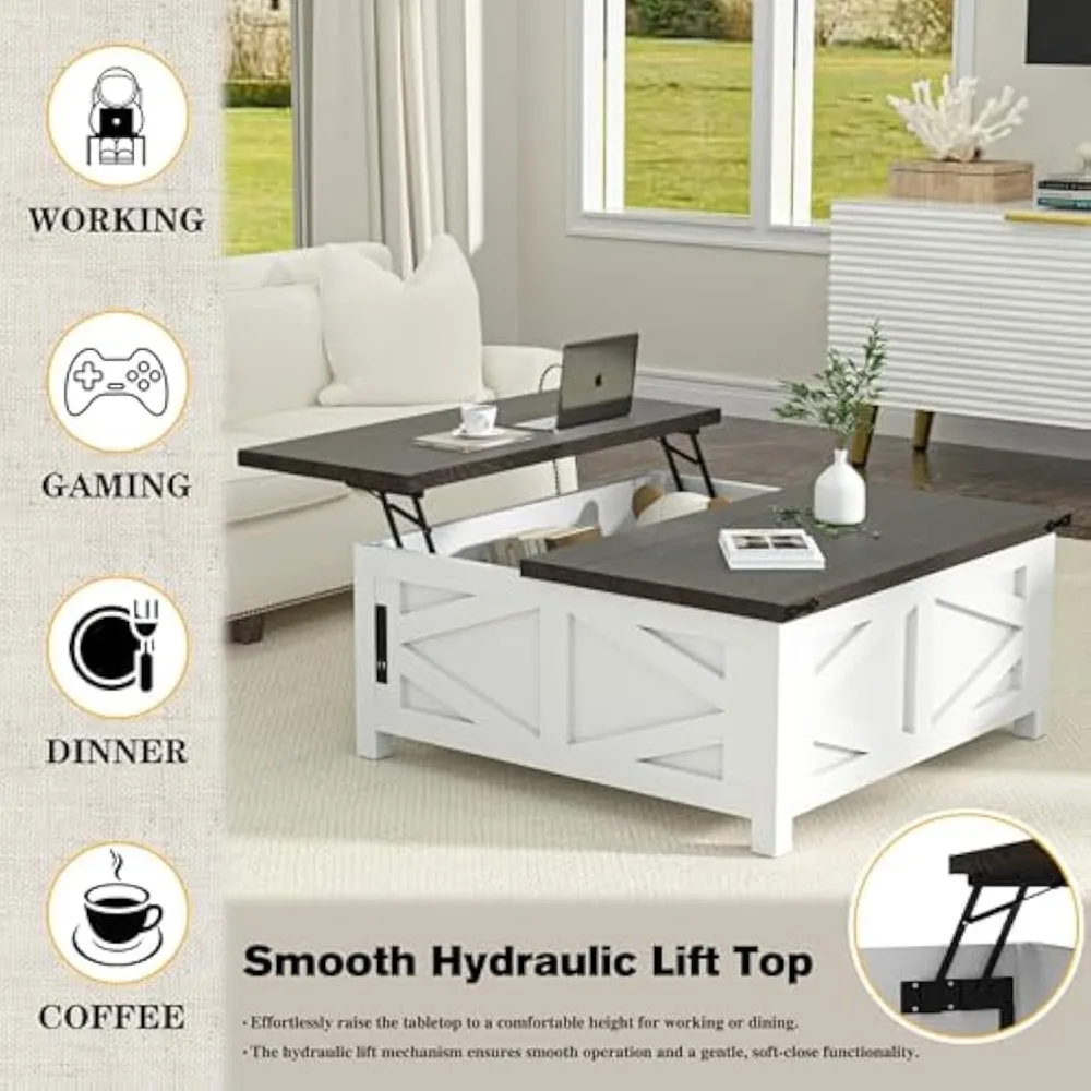 36" Farmhouse Lift Top Coffee Table with Storage, Square Coffee Table with Charging Station, Living Room Center Table 4