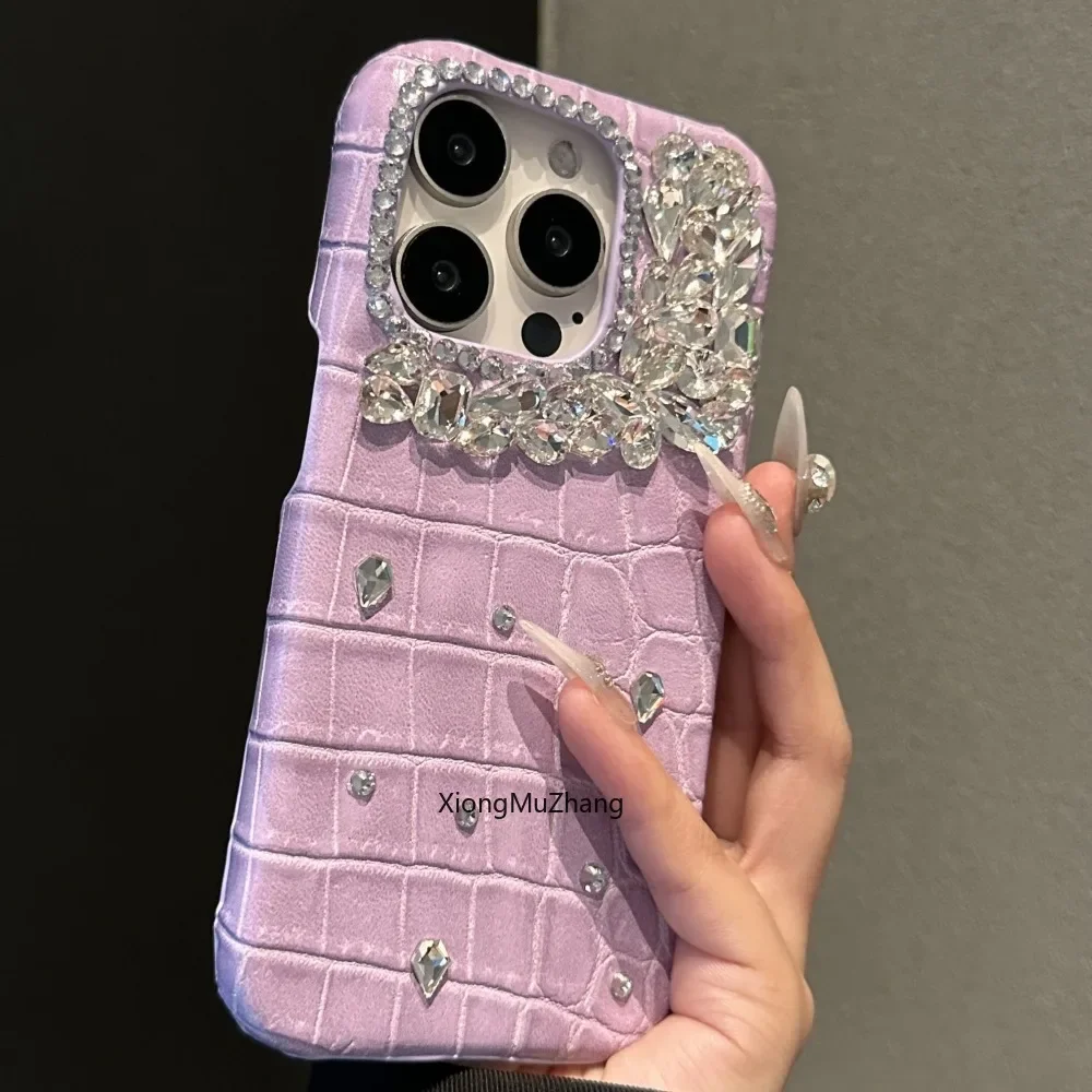 Purple Crocodile Pattern Luxury Rhinestone Shockproof Case for IPhone 15Pro Max 14 13 12 ProMax Womem Girl Cover
