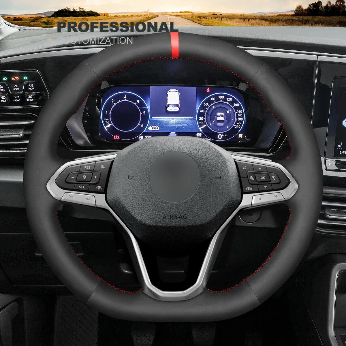 Coprivolante In Pelle Scamosciata Nera Cucita A Mano Per Volkswagen Vw Arteon 2021 / Atlas 2020-2021 / Id.4 2021 / Taos