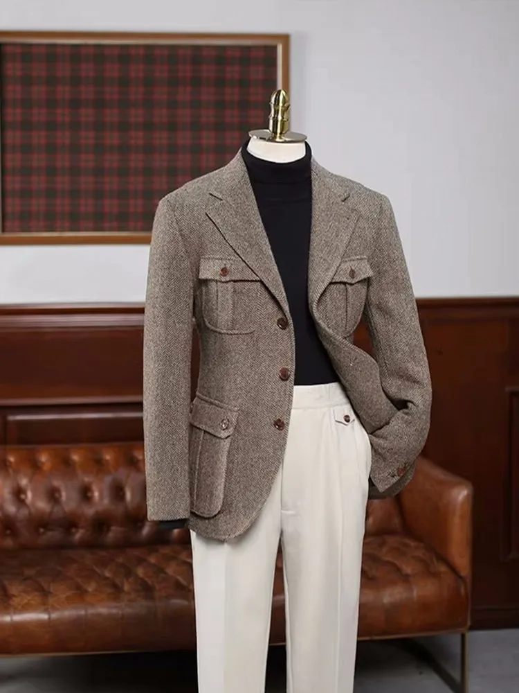 Business Men Multi Pockets Single Breasted Slim Fit Woolen Blends Jacket Office Work Autumn Outerwear Suit Coat Plus Size 5XL