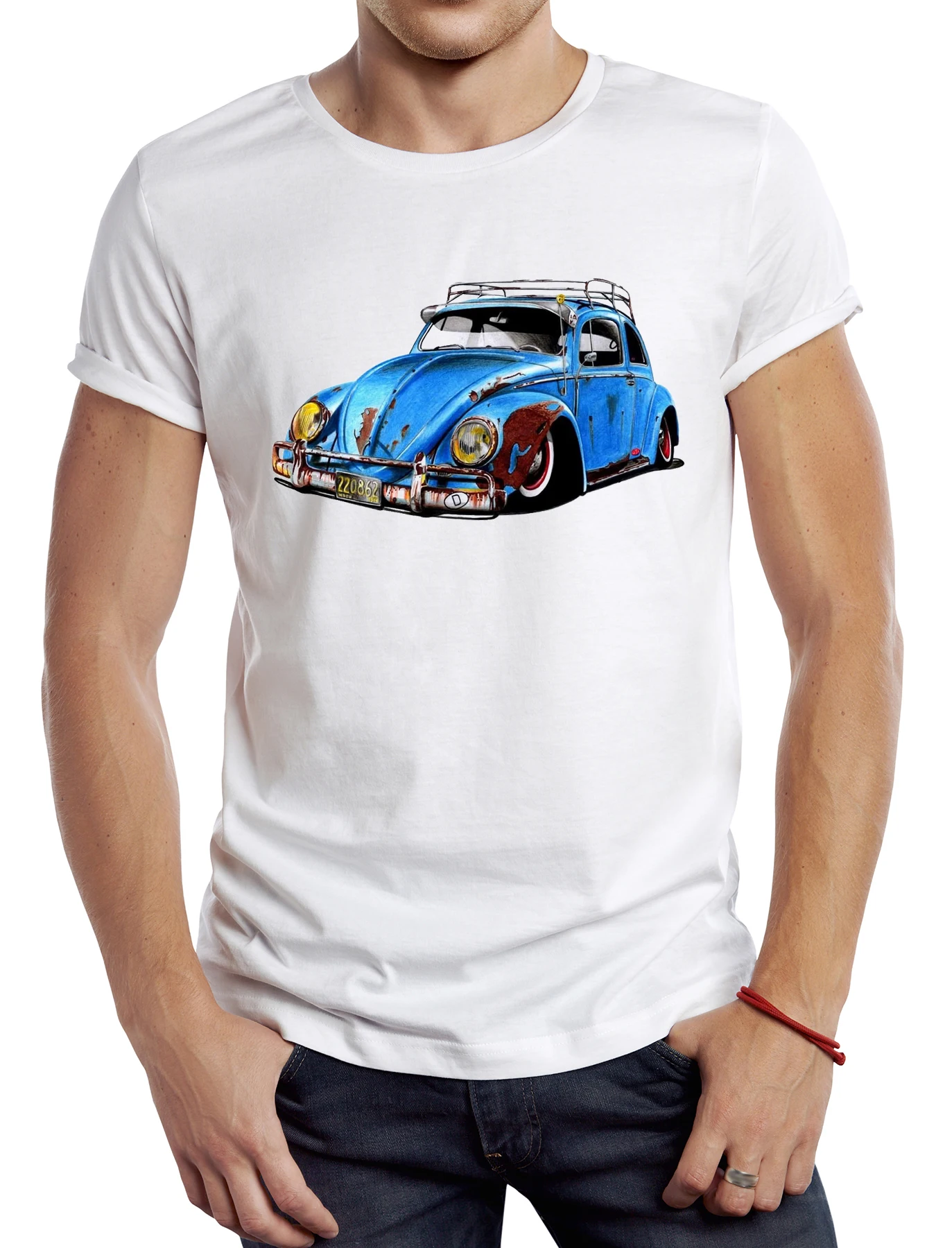 TEEHUB Vintage Rusty Beatle Auto Männer T Shirt Casual Männlich Tops Hipster Retro Blau Klassische Auto Gedruckt T