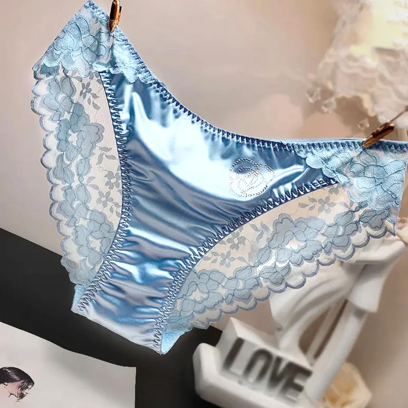 Women Sexy Lace Panties Satin Traceless Ice Silk Low-Waist Briefs Female Underwear Temptation Intimates Breathable Lingerie