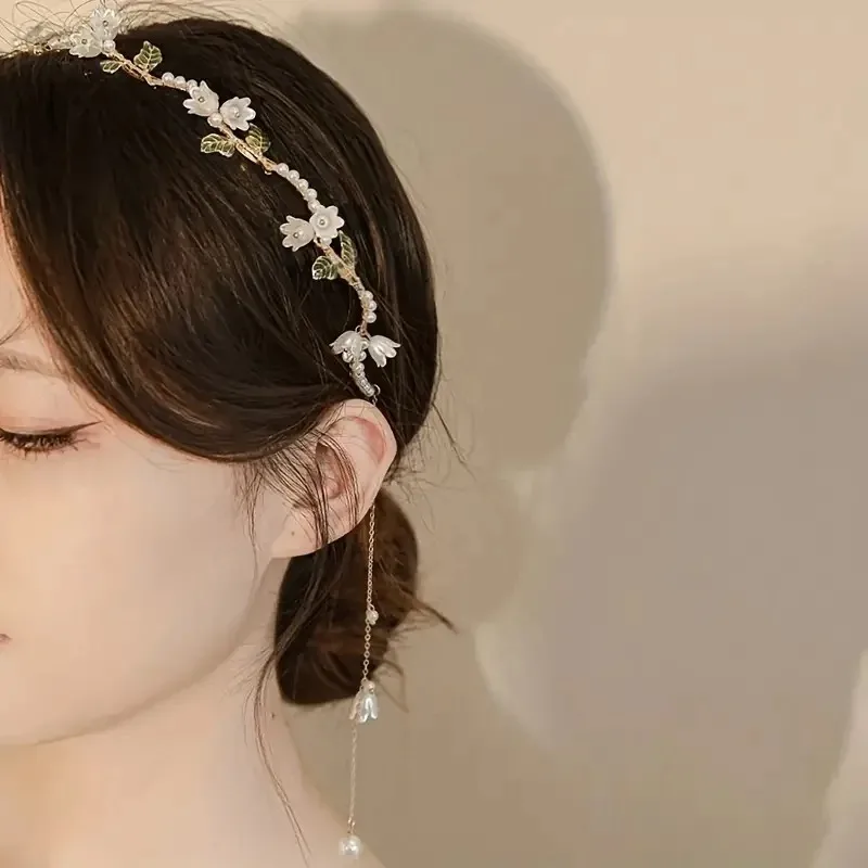 Elegant Pearl Flower Headband Alloy Wave Pearl Hair Hoop for Women Girls Beads Tassel Hair Band Cute Headwear Hair Accessories