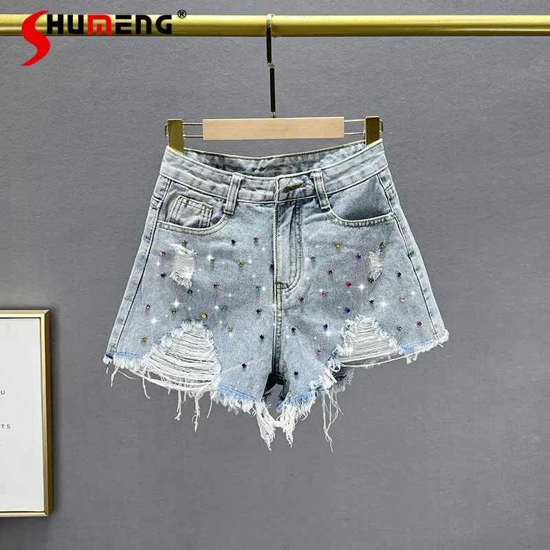 

Ripped Denim Shorts Women's Fashionable 2023 New Summer High Waist Slim Fit Slimming Diamond-Embedded Wide-Leg Hot Pants
