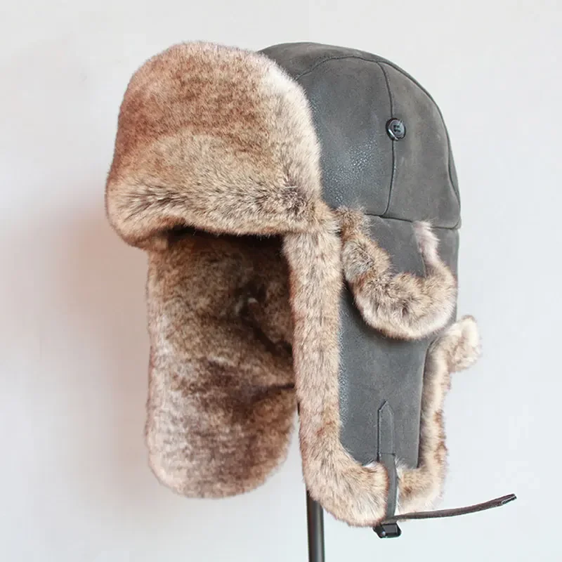 Adult Bomber Hats Winter Men Warm Windproof Russian Ushanka Hat With Ear Flap Pu Leather Fur Man Male Trapper Cap Earflap - 2