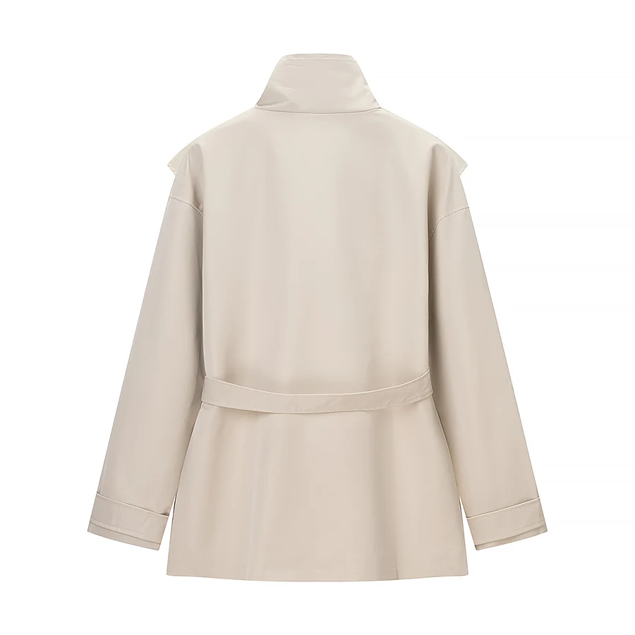 Women Fashion Windbreaker High Neck Buttons Long Sleeve Single-Breasted Coats Lady Street Solid Lace Up Stand Collar Trench Coat