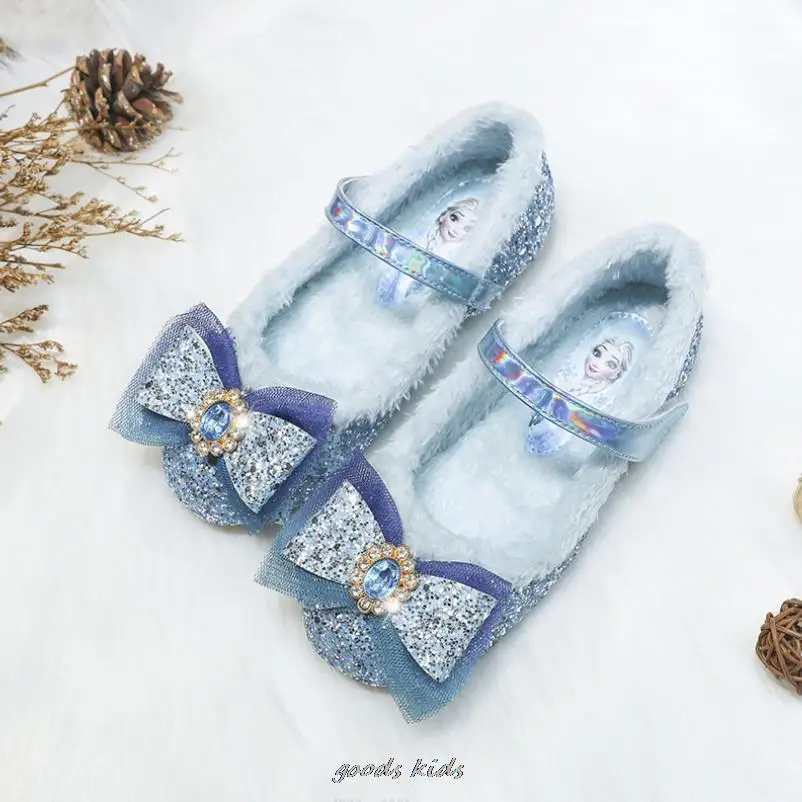 Disney Princess Elsa Fashion Autumn Winter Girls Shoes Warm Cotton Plush Fluffy Fur Kids Flats Children Loafers Birthday Gift