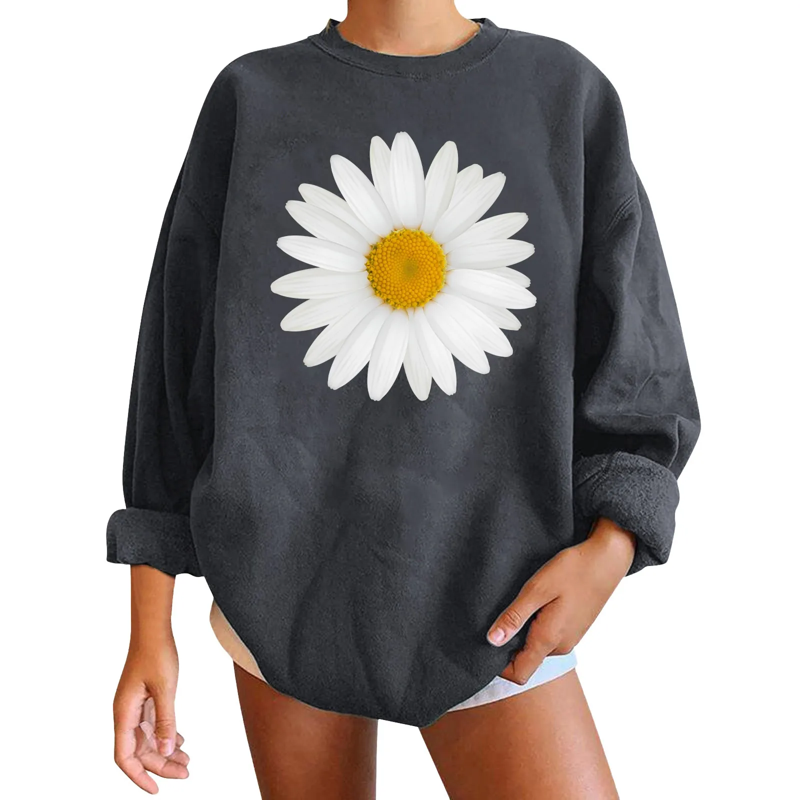 

Women's Casual Chrysanthemum Printed Sweatshirt Long Sleeve Basic Pullover Round Neck Loose Top Harajuku Ulzzang Sweatshirts