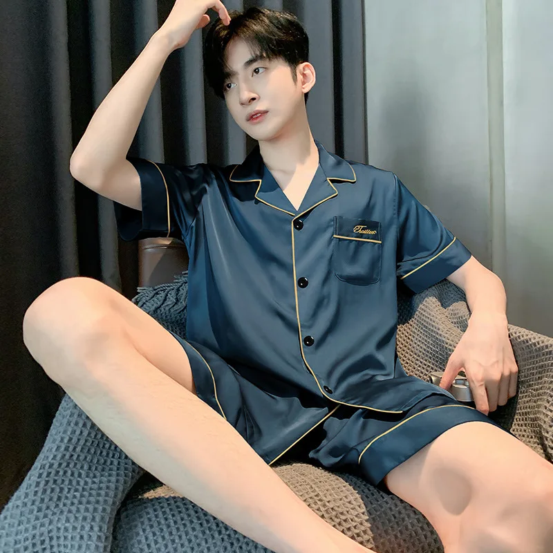 Men's Pajamas, Short Sleeved Shorts, Thin Ice Silk, Summer Men's Summer Silk, Men's Outdoor Home Clothing Set Sleepwear Pajama