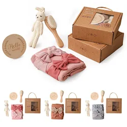 Ensemble de jouets de bain pour bébé, serviette pour nouveau né, boîte cadeau pour enfant, Double face, en coton, bandeau, brosse à cheveux en bois 
