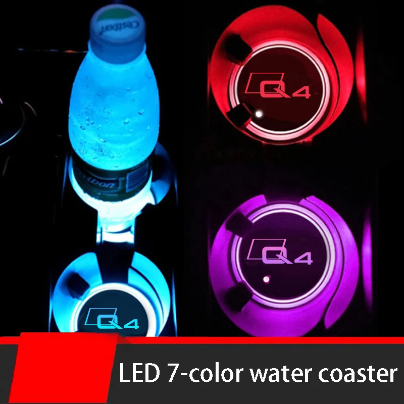 2Pcs Luminoso Car Water Cup Coaster Led Drink Holder Mats Per Audi Q4 Logo Usb Charging Atmosphere Rgb Light Sottobicchieri Antiscivolo