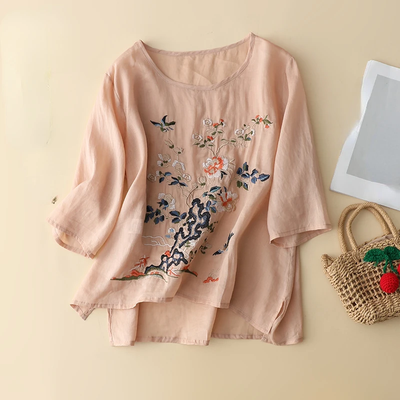 

Summer Women Embroidery Flower Loose Short Sleeve Cotton Linen White Top Shirt , Woman Casual Chinese Style Tops Shirts