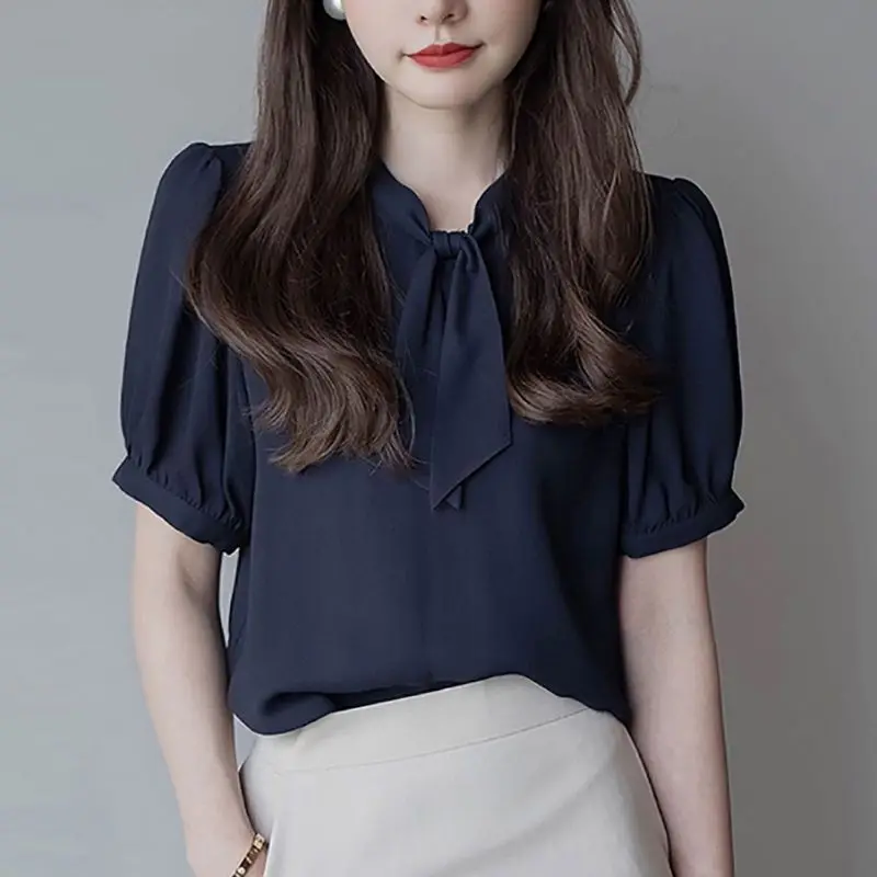 브이넥 반팔 단색 셔츠, 오피스 레이디 통근자, 우아한 패션, 젊은 스타일 활 상의, 2023 신상 여성복
