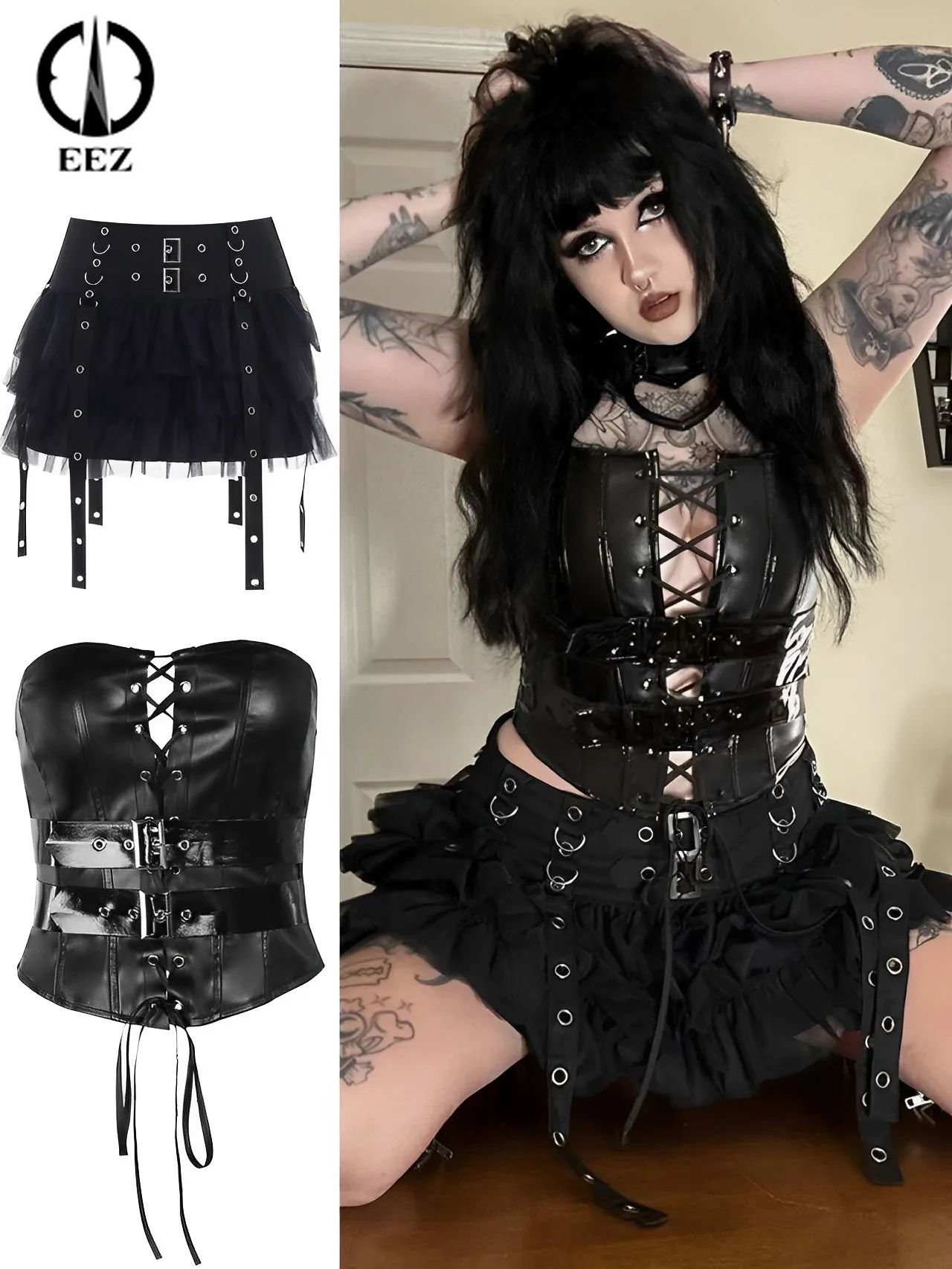

Black Sexy Pleated Mini Skirt with Chain Women Punk High Waisted Goth Skirt E Girl Lace-Up Tie PU Leather Corset Y2K Crop Tops