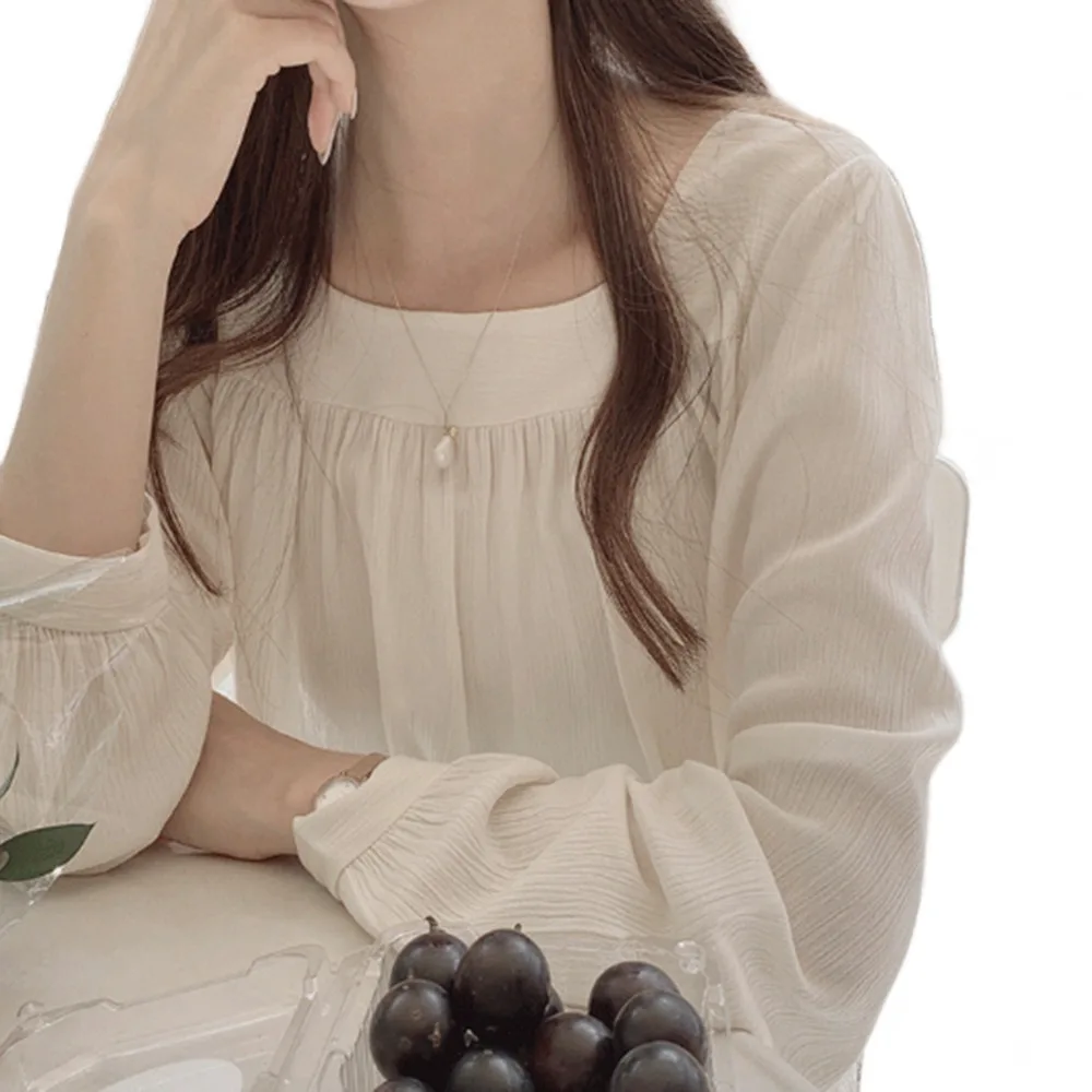 Блузка женская шифоновая с длинным рукавом, шикарный Свободный Топ в Корейском стиле, Однотонная рубашка с квадратным вырезом, лето-осень