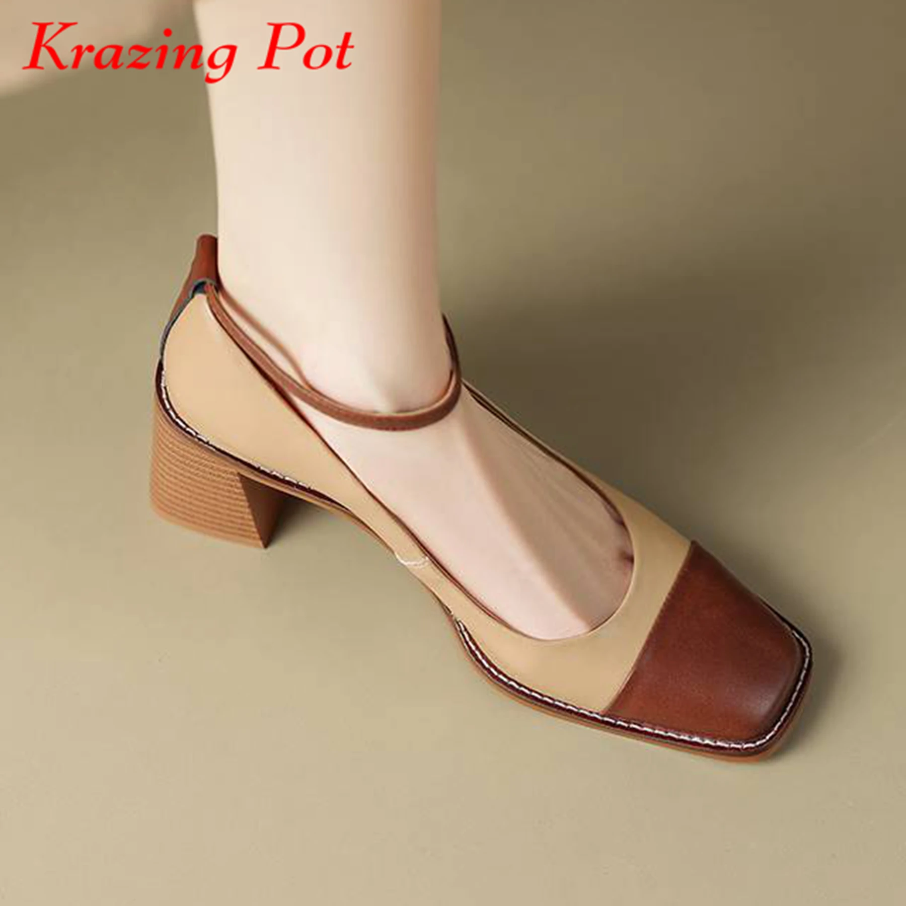 

Krazing Pot Full Grain Leather Med Heels Spring Brand Shoes Metal Ankle Buckle Straps Round Toe Mixed Color Summer Women Pumps