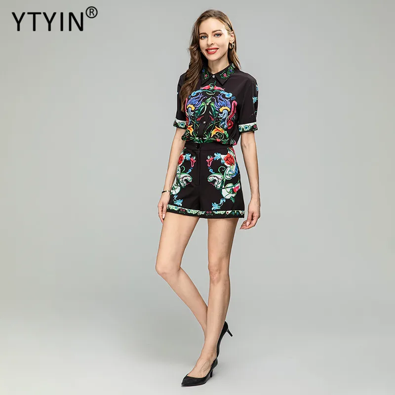 

Модная однобортная женская рубашка с коротким рукавом и шорты в стиле пэчворк YTYIN с ретро-принтом и мини-шортами, Женский костюм из 2 предметов