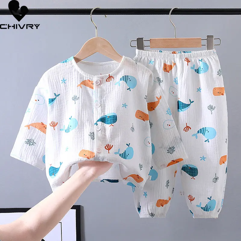 Kids Boys Girls Pajamas 2023 Summer Cotton Linen Thin Cartoon Three-quarter Sleeve Tops with Pants Baby Sleeping Clothing Sets