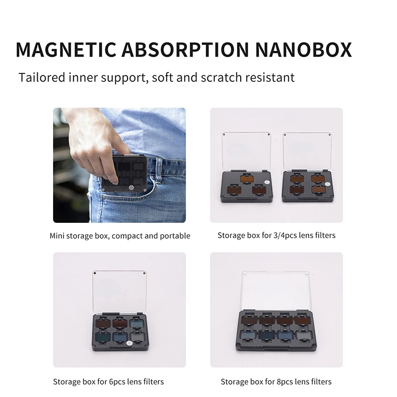 Quatre filtres ND/PL pour DJI Mini 3 Pro alignés, avec teintes différentes, sur fond neutre.