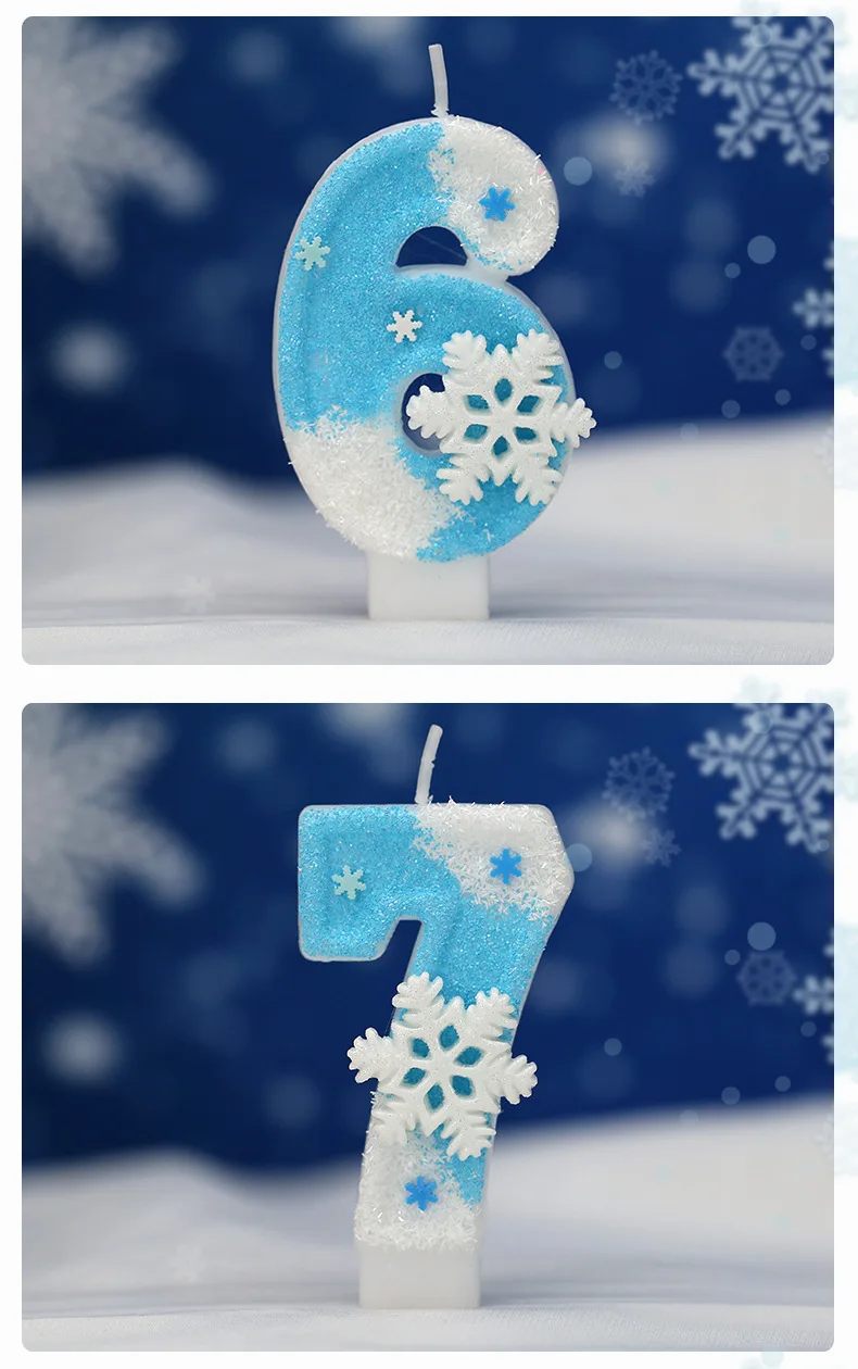 Gefrorene Geburtstagskerzen, 0–9 Zahlen, glitzernde blaue Schneeflocken-Kuchenkerze, Kinder- und Mädchen-Geburtstagsparty-Kuchenaufsatz, Dekorationszubehör – Detail 10