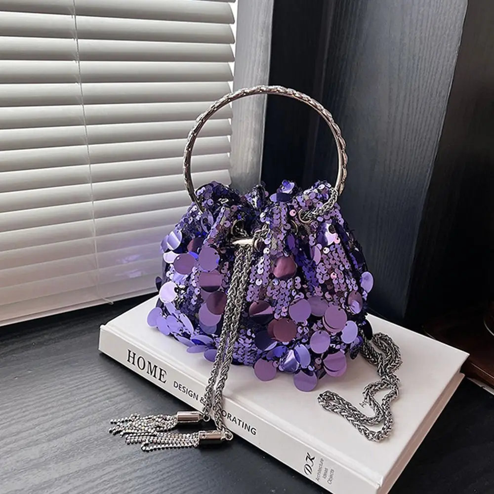 HandbagEveningBanquetBagCasualwithRoundHandleChainMiniBucketBagShinyTassel