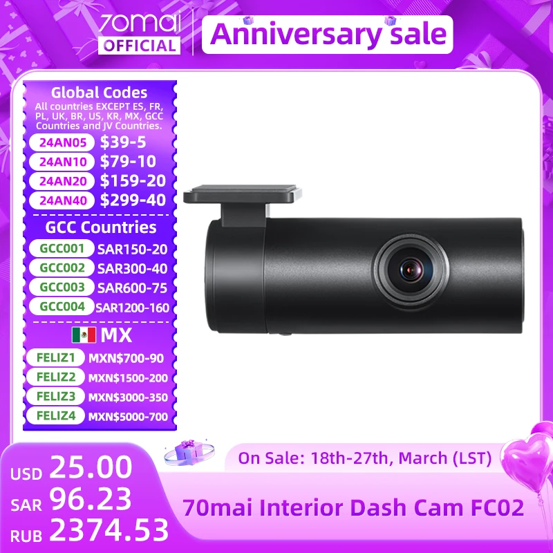 

70mai Interior Cam FC02 Only for 70mai A810 A800S A500S A400 (Cannot use together with rear cam)