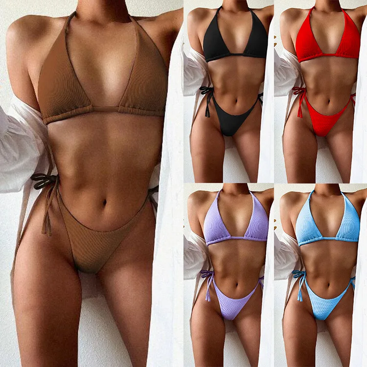 

5 Colors Sexy Bikini Women Solid Swimwear Swimsuit Triangle Halter Pit Striped Bikinis Set Bathing Suit Female Banadores Mujer