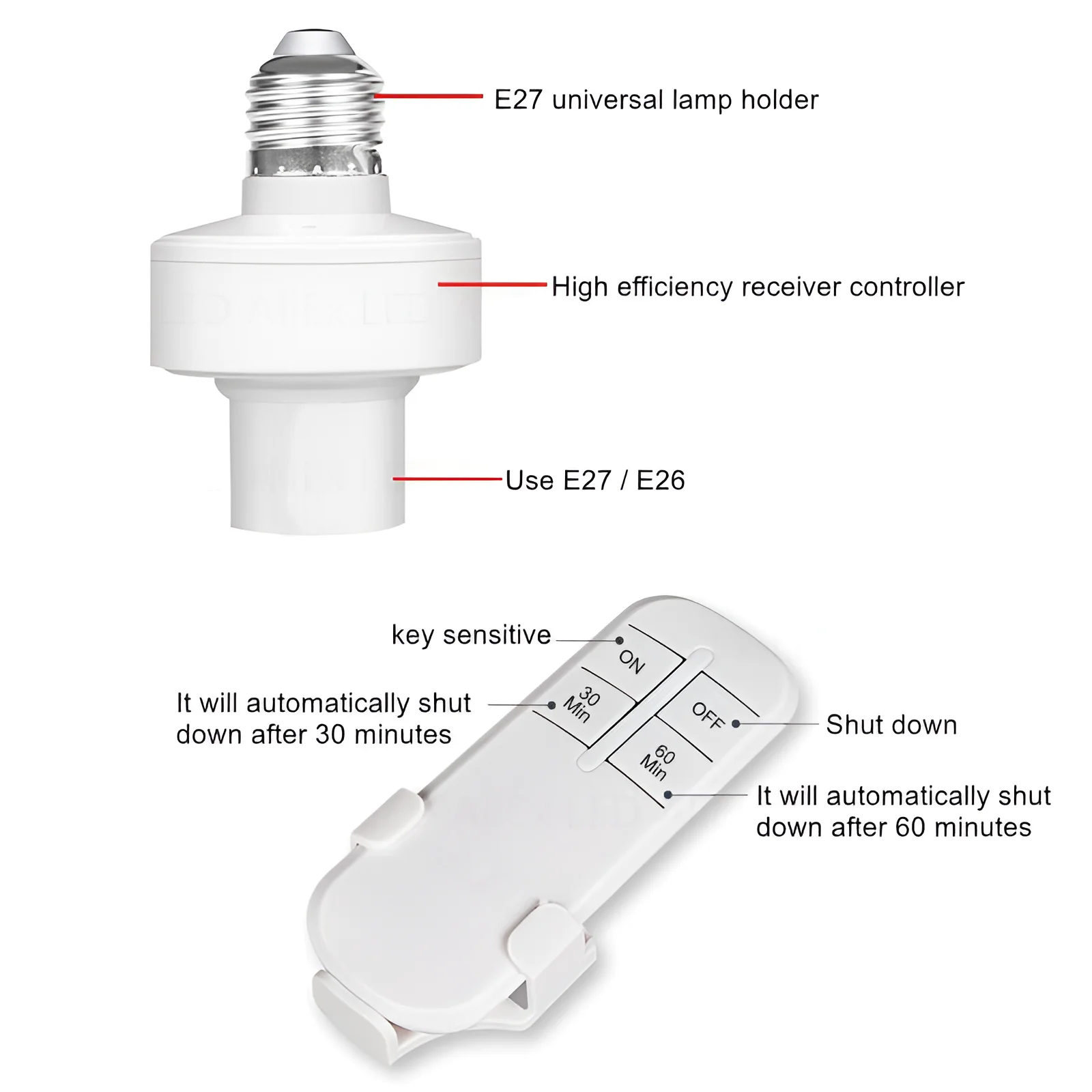 Wireless remote control smart timer switch E27 to E27 lamp holder AC220V house multi light switch baby room bedroom timer lamp holder lamp bulb holder lamp base
