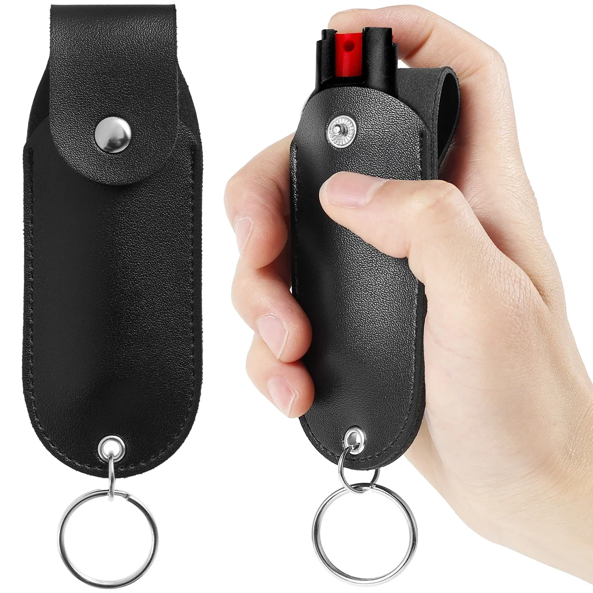 Pfefferspray-Tasche aus PU-Leder Schwarz mit Schlüsselanhänger