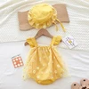 2025 New Infant Baby Girls Jumpsuit+Hat Summer Children Clothes Fly Sleeve Cotton Printing Mesh Splicing Newborn Baby Bodysuits