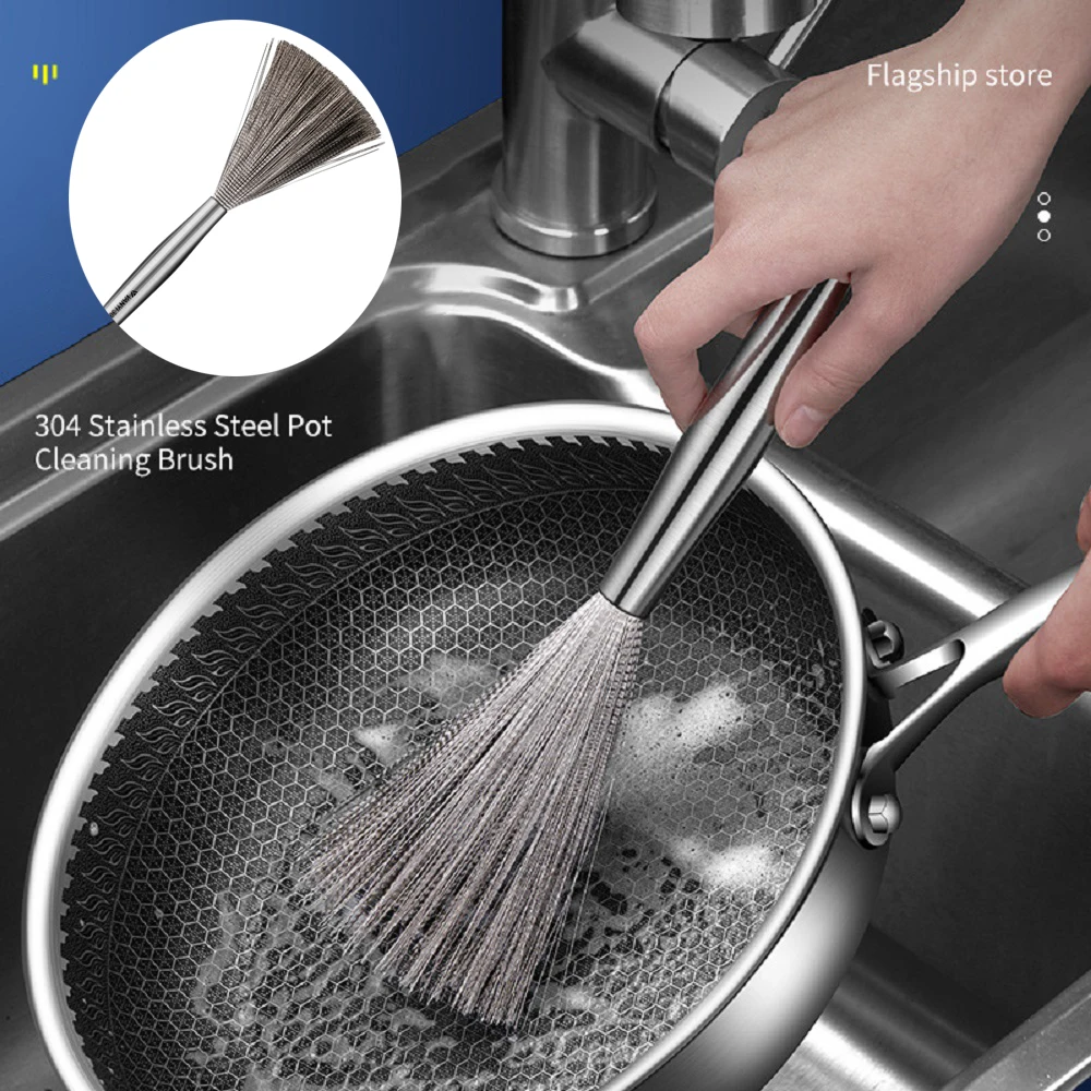 Stainless Steel Pan Brush Long Handle Cleaning Brush Cookware Scrubber