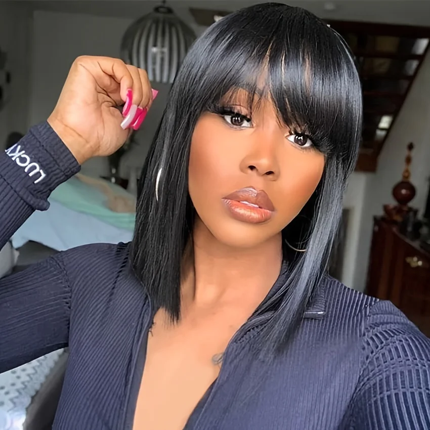 

Glueless Brazilian Human Hair Wig with Bangs Full Machine Made Remy Short Straight Bob Fringe Wigs for Black Women 12 14 Inches