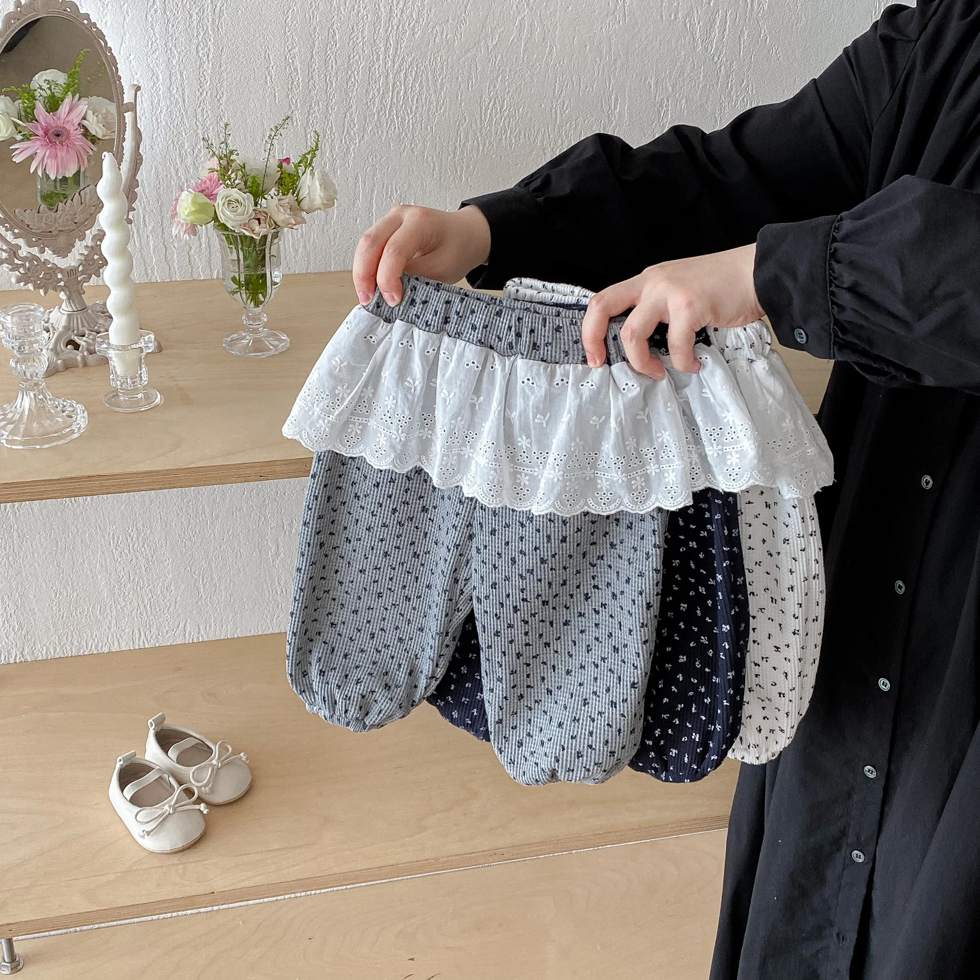 Girls Floral Print Waffle Trousers Autumn Kids Pants