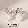 AINUOSHI 925 Sterling Silver Ladies Ear Stud 8-9mm White Shell Beads & 3.5mm Zircon Earrings for Women Fashion Jewelry Gift 1